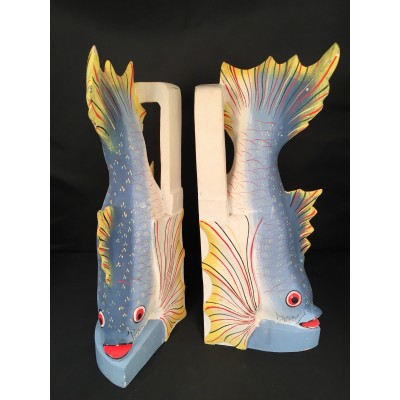 Vintage Colorful Handmade Coif Fish Wooden Book Ends Home Decor Nautical Wood   173469524550